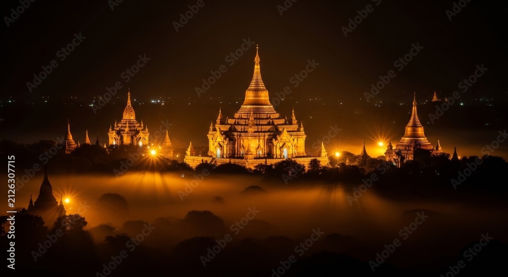 Fototapeta premium Elevated view of ancient Buddhist pagodas in Myanmar illuminated with vibrant golden lights and surrounded by ground mist at night