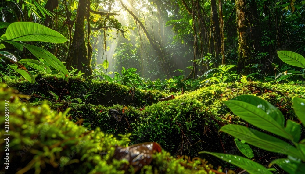 Fototapeta premium Lush rainforest canopy with vibrant green foliage bathed in ethereal sunbeams, a dense and ancient natural ecosystem