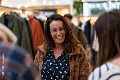 A breathtaking and highly detailed view of fashion stylist presenting historically inspired garments to interested customers, organized clothing displays, welcoming boutique environment