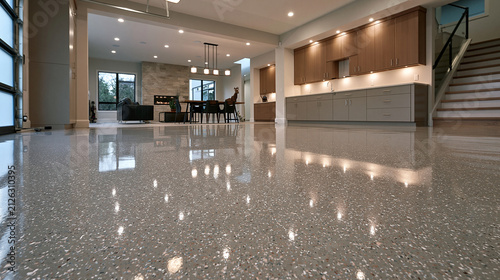 Modern luxury interior featuring high-gloss epoxy floor in a contemporary living space. Ideal for home design.