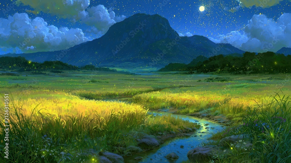Obraz premium Painterly Night Grassland Valley with Full Moon, Fireflies and Starry Sky over Stream