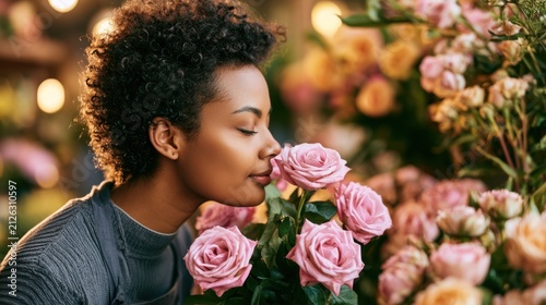 Young African American female florist gently smelling pink roses in a cozy flower shop.