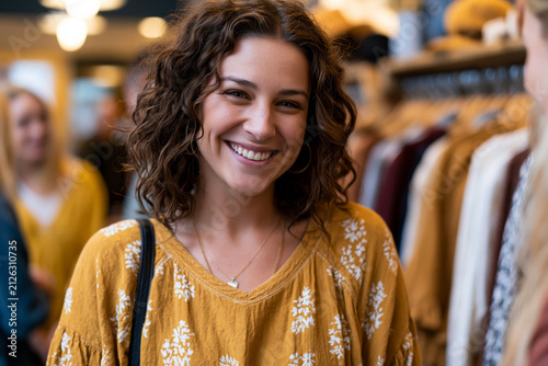 Gorgeous and professionally composed picture of fashion stylist presenting historically inspired garments to interested customers, organized clothing displays, welcoming boutique environment