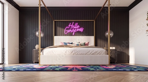 Modern Glam Canopy Bed with Black Slat Accent Wall, Pink Neon Sign and Floral Area Rug
