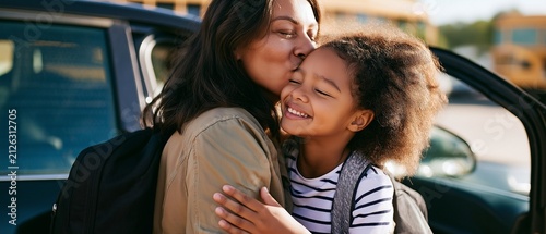 Mom dropping off her kid to school. Before morning class, the child bids her mother farewell with a kiss.