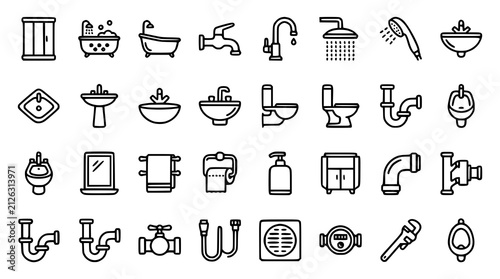 Foto Bathroom and Plumbing Outline Icon Set with Shower Bathtub Faucet Toilet Sink Pi