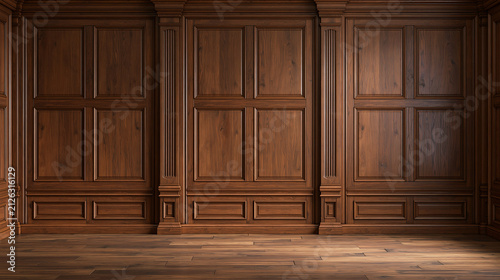 Classic dark wood paneling wall in a library. This elegant interior background is perfect for luxury room design.