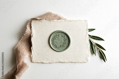 Top view of a handmade paper card with a sage green wax seal featuring a botanical wreath, isolated on white background