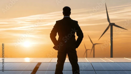 Vision of Renewable Future: A businessman in a sharp suit stands confidently against a backdrop of a breathtaking sunset, solar panels, and majestic wind turbines.