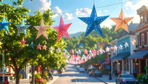 Charming Small Town Street Decorated with Festive Colorful Star Lanterns.