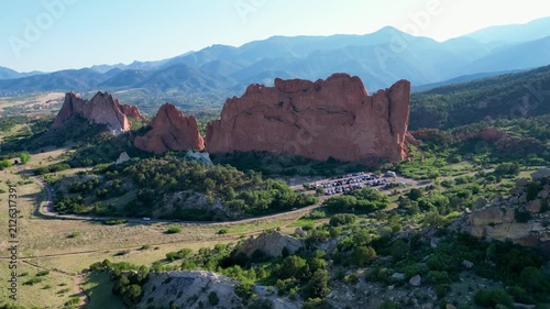 Drone flying away from Garden of the Gods rock faces