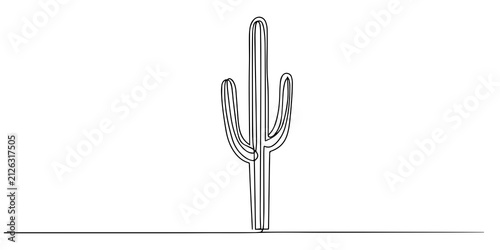 Single line drawing of a saguaro cactus with multiple arms, minimalist style, Minimalist black and white line art illustration of a tall saguaro cactus with thorns on a plain white background, Hand