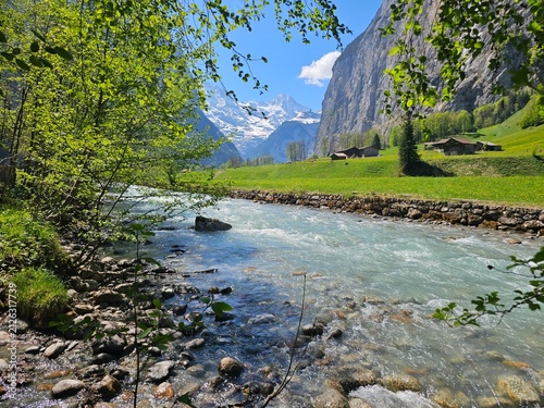 Cuadro en lienzo river in the forest of lauterbrunnen, swiss