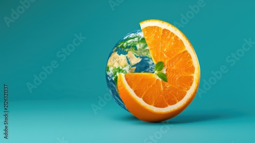 Orange Fruit and Earth Globe Conceptual Image Representing Freshness and Global Nature Food Connection