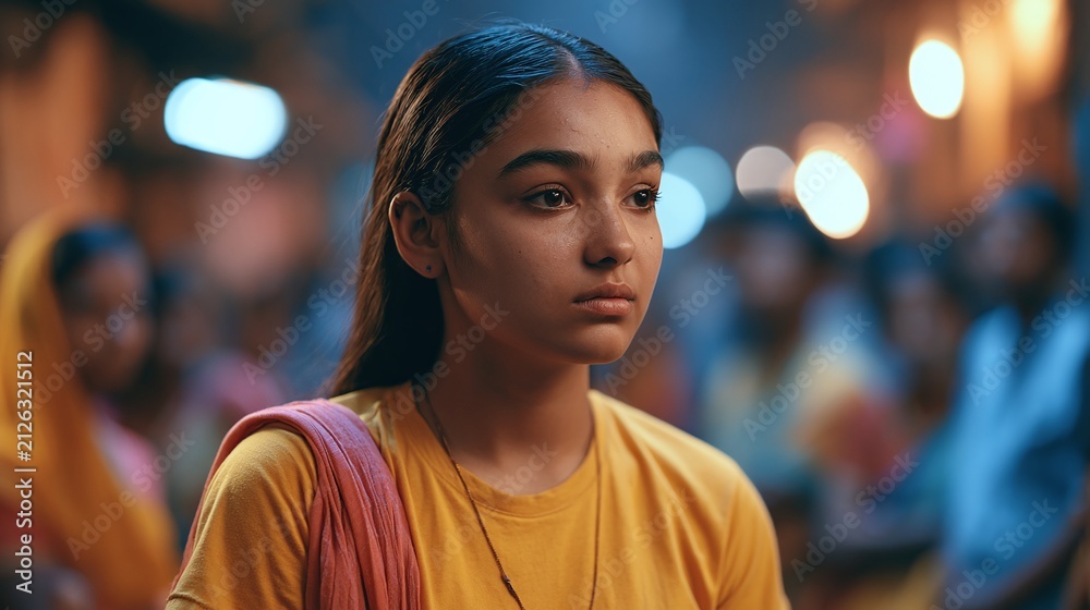 Obraz premium Close-up portrait of a thoughtful young female with dark hair and a yellow shirt, looking away with a serious expression in a busy, subtly lit outdoor market setting during twilight