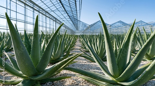 Vibrant rows of Aloe Vera plants (Aloe barbadensis miller) thrive under the bright natural light within a modern greenhouse, showcasing sustainable agriculture and organic cultivation