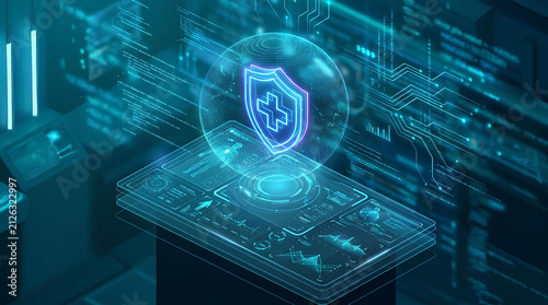 Cyber security shield hologram icon in data server environment.
