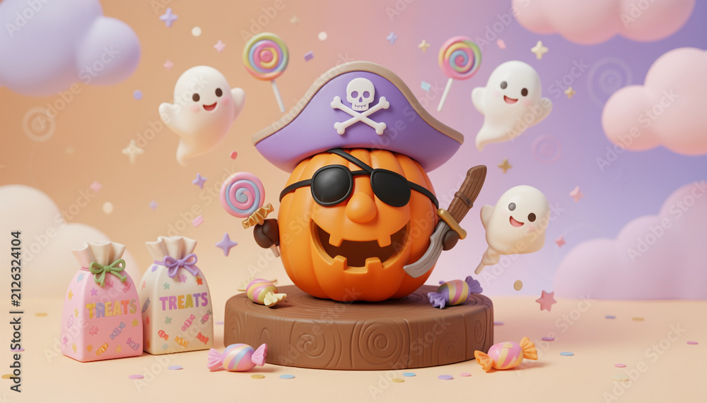 Fototapeta premium Pirate pumpkin character with eye patch and sword holding candy, happy halloween celebration with ghost friends.