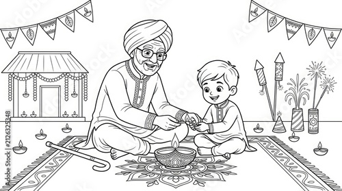 A black and white line art illustration of a father and son celebrating the indian festival of diwali