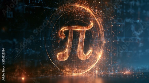 Vibrant fiery orange digital Pi symbol glows against a dark, abstract background with intricate mathematical formulas, representing complex concepts and scientific discovery