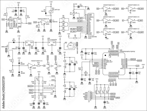 Schematic diagram of digital electronic device 
on paper sheet. Drawing electrical circuit with 
integrated circuit, micro controller,
operational amplifier, memory chip,
capacitor, resistor, other.