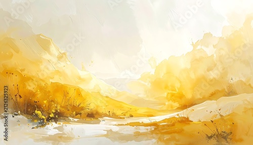 Golden sunlit mountain landscape, abstract watercolor painting, serene natural vista, warm yellow and orange hues, peaceful atmosphere