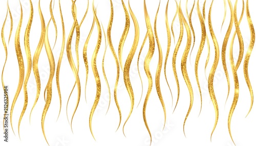 Golden wavy strands with glitter texture, sparkling organic lines, elegant decorative elements, shimmering particles