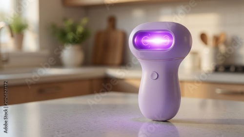 Handheld uv device sanitizing surfaces with purple light, ensuring cleanliness and health in a home kitchen setting