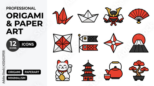 Professional Origami And Paper Art Icons Collection With Japanese Cultural Symbols