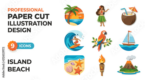 Professional Paper Cut Illustration Design of Island Beach Icons