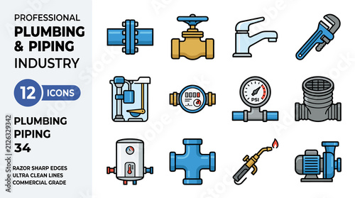 Professional Plumbing and Piping Industry Icons Set With Water Meter and Fixtures