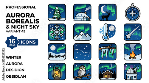Professional Pixel Art Icons Set of Aurora Borealis and Night Sky Elements for Winter and Outdoor Themes