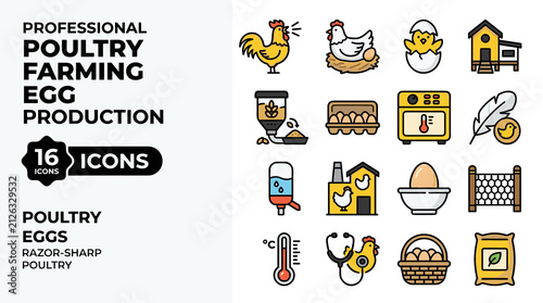 Professional Poultry Farming Egg Production Icons Set