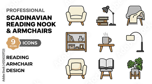 Professional Scandinavian Reading Nook And Armchairs 9 Icons Set
