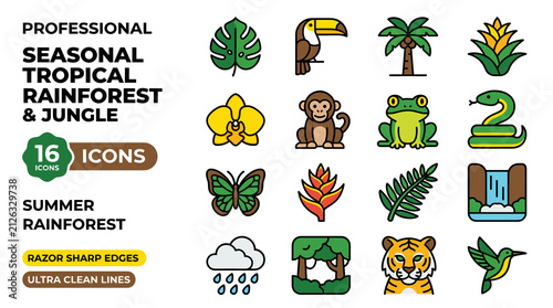 Professional Seasonal Tropical Rainforest and Jungle Icons Set