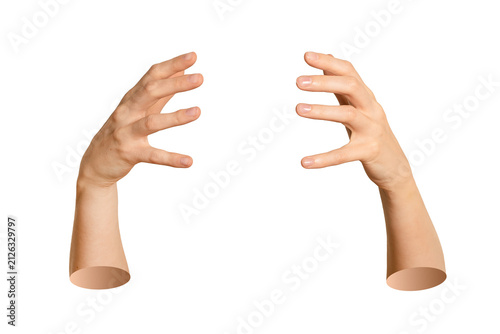 Pair of human hands spread wide to hold giant unseen globe or heavy product. Caucasian arms curved