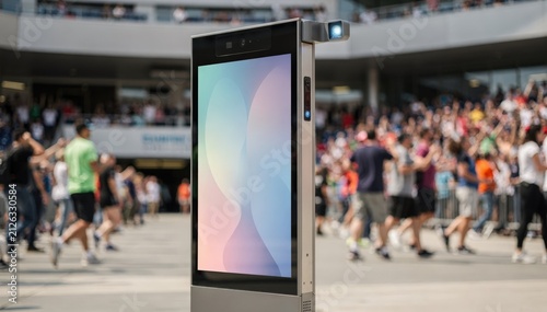 Smart info kiosk at a stadium entrance shows clear digital interface and sensor activity for personalized visitor navigation with cheering crowds artistically blurred.