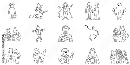 Halloween coloring book vector icons set outline doodle style isolated on transparent or white background, png