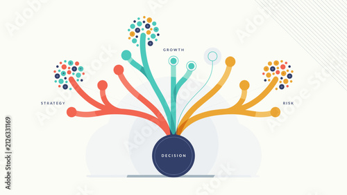 Modern decision tree with branching colorful ribbons – Suitable for business intelligence charts, strategic choice slides, or risk evaluation graphics.