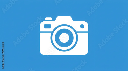 White camera icon on blue background