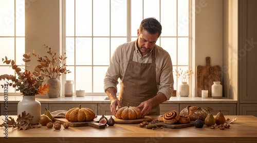 A man in an apron preparing a pumpkin bread for baking in a well-lit kitchen, surrounded by autumnal harvest produce.