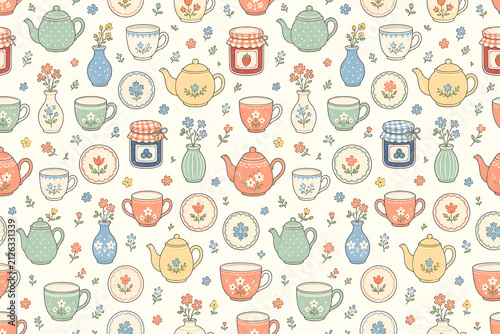 Sweet hand drawn tea time seamless pattern with teapots and flowers