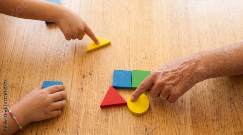 A close-up shot of two pairs of hands, one adult and one child, arranging colorful geometric shapes on a wooden surface.