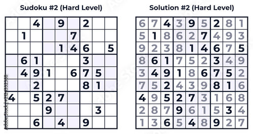 Fotografie Classic hard sudoku worksheet with completed answer key for advanced logic pract
