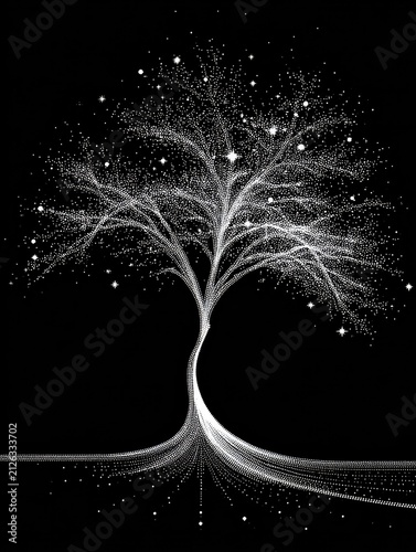 Elegant tree design with intricate branches and glowing stars, symbolizing growth and serenity