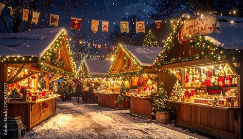 Charming traditional Christmas market stalls decorated with lights and festive ornaments in snowy evening.