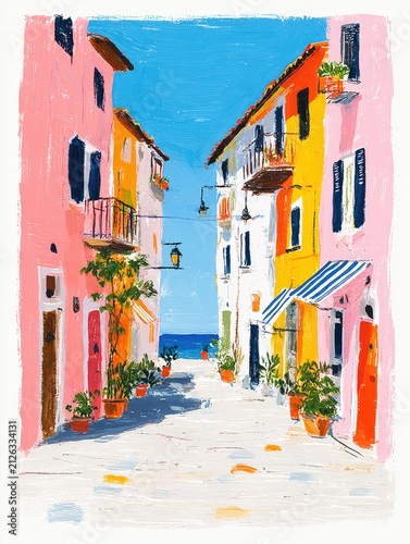 Charming coastal alleyway features pastel buildings, blooming plants, and inviting ocean views.