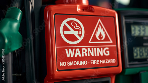 A red warning sign at a gas station clearly stating no smoking and fire hazard. Safety concept for industrial fuel.