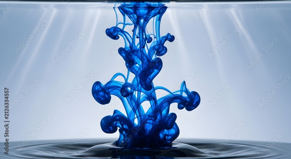 Obraz premium Blue ink drops swirling underwater with light rays creating a beautiful abstract pattern in clear water