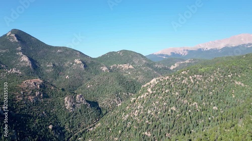 Dramatic aerial mountain views of Pikes Peak from Manitou Springs